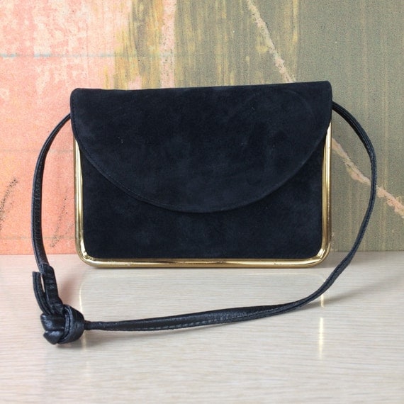 40s Small Suede Handbag Vintage Black Suede Purse Black