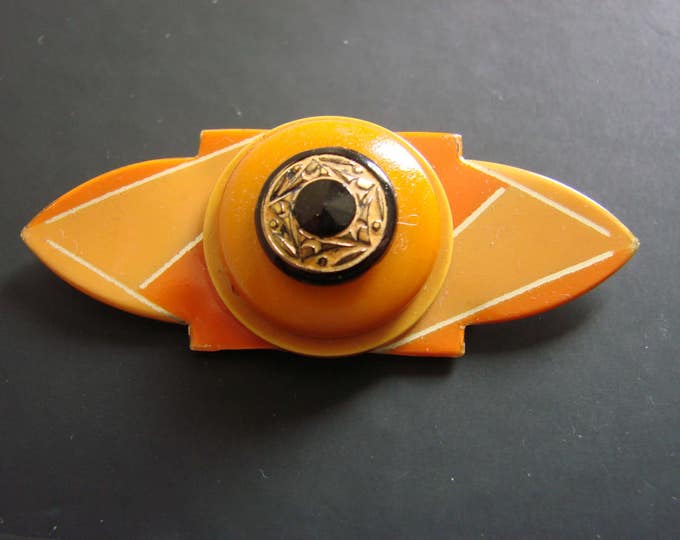 Antique Art Deco 1930s Bakelite Celluloid Modernist Abstract Brooch Orange Black Czechoslovakia Vintage Jewelry Jewellery