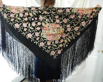 Antique Piano Scarf - Fringed Piano Shawl - Embroidered Black Shawl - Vintage Piano Scarf - 1930s Piano Shawl