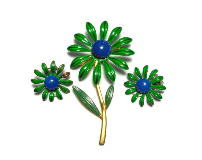 FREE SHIPPING Floral brooch and earrings, 1960s green brooch and clip earrings, green blue enamel daisies, gold tone stem, hip mod flowers