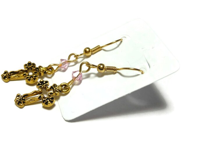 FREE SHIPPING Small cross earrings, gold tone Fleury crosses, gold plated french wires, pink Swarovski crystals, dangle earrings