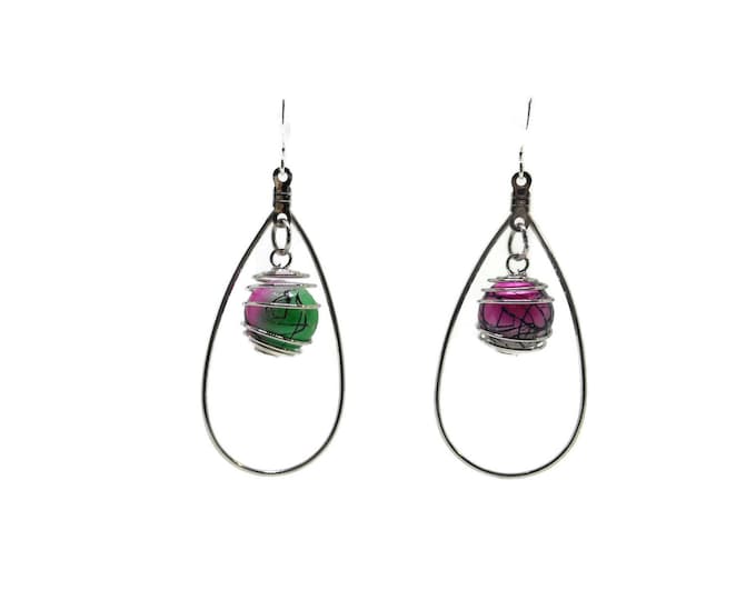 FREE SHIPPING Large teardrop earrings, silver tone metal, caged pink and green glass swirl beads, funky fun dramatic large