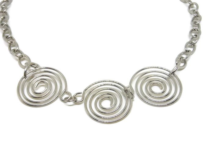 FREE SHIPPING Silver swirl necklace, silver tone swirls, wire wrapped links, silver link chain, industrial chic