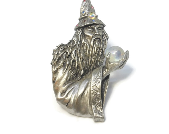 Large JJ wizard brooch sorcerer in pewter with rhinestones and opalescent crystal ball Jonette Jewelry