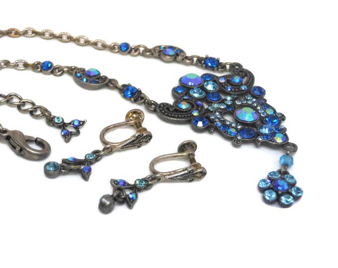 Blue rhinestone necklace earring set, up-cycled vintage necklace, light dark blue crystals, faux marcasite, vintage silver tone chain