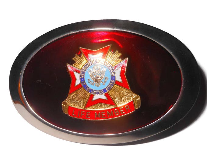 FREE SHIPPING VFW belt buckle, life member emblem, Veterans of Foreign Wars, Silver rim edge, red enamel reflective insert, red gold blue
