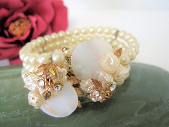 Memory Wire Pearl Bracelet - Haskell Style - Mother of Pearl Discs - Faux Pearls - Clear Rhinestones - Wedding Bracelet