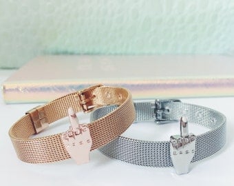 Rose Gold & Silver Stainless Steel Middle Finger Charm Bracelet Fuck Bracelet FU Bracelet Gift for her Birthday Day Gift Charm Bracelet