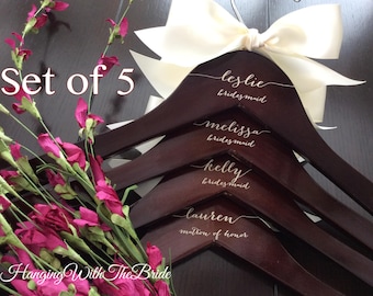 Set of 5 Wedding dress hanger, Wooden Engraved HangerCustom Bridal Hangers,Bridesmaids gift, Wedding hangers with names,Custom made hangers