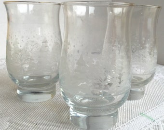 Vintage Libbey Winter White Glass Tumblers / Christmas Iced Tea Glasses / Holiday Glassware / Winter Wonderland