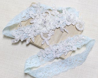 Lace blue garter set, wedding garter set, bridal lace garter set, garter set, blue lace garter, blossom garter set