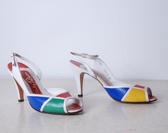 70s color block slingback heels 7.5 leather Stanley Philipson primary colors peep toe summer dress womens vintage shoes pumps disco dancing