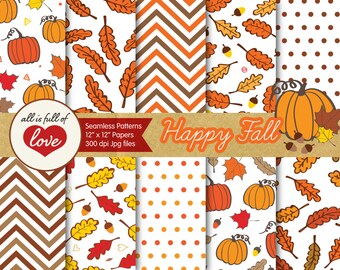 Autumn Digital Paper Pack Fall Scrapbooking Pattern Hand Drawn Papers Foliage Patterns with Pumpkins Acorns Leafs Seamless Pattern