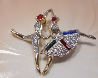 Dancing Couple Figural Rhinestone Brooch Pin