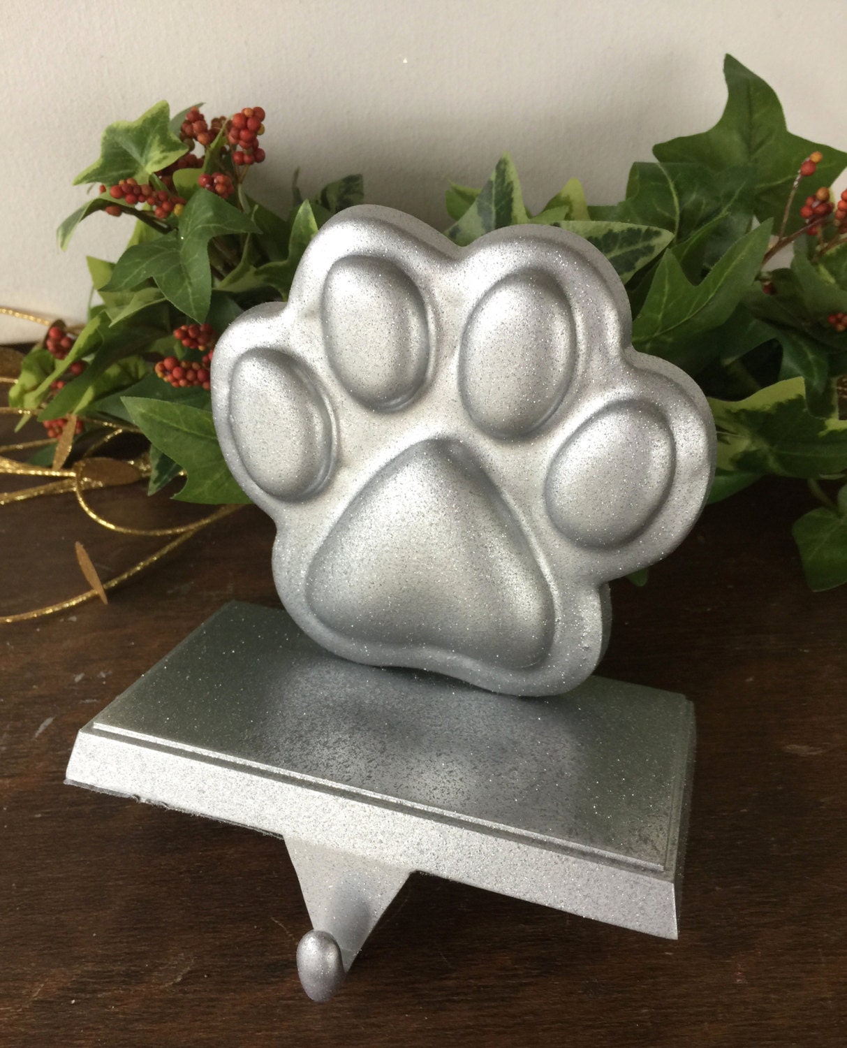 Dog Paw Stocking Holder Silver Metal Dog Print Stocking