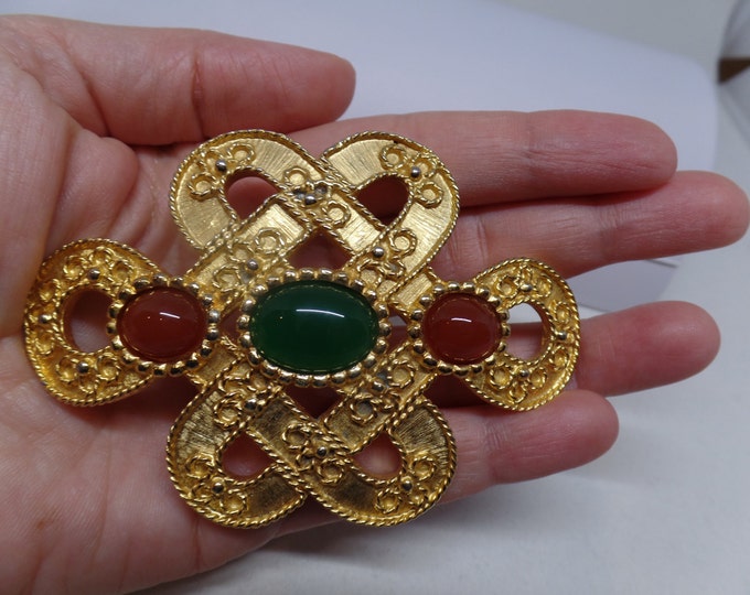 Gorgeous Vintage JUDITH LEIBER signed Red & Green Cabochon Brooch