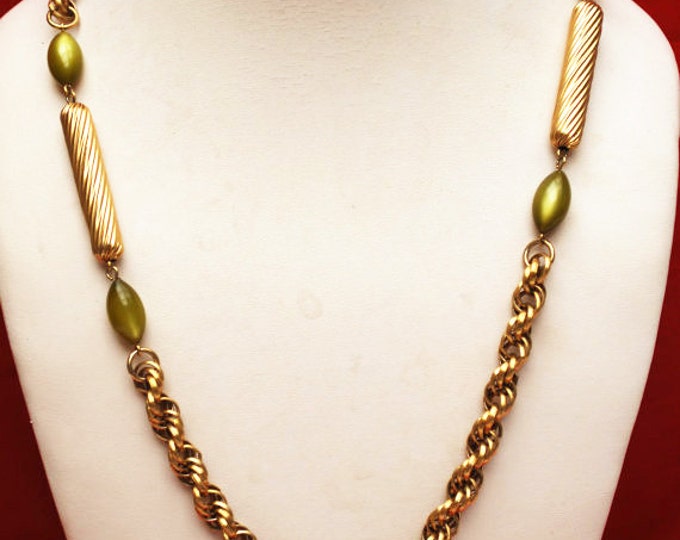 Twisted gold chain necklace - Green Moon glow glass beads - mid century Mod