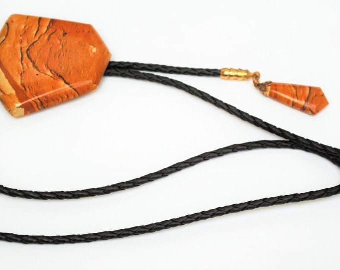 Bolo Tie Picture Jaspter - Brown earth tone gemstone - Brown leather - Wedge Tile - Brass