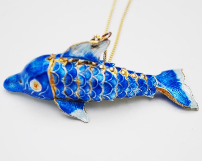 Blue Enamel Articulate Fish Necklace - gold chain - dolphin sea life - pendant