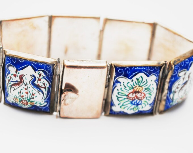 Hand Painted Enamel Panel bracelet - story tile - 850 silver -blue white - birds animals - oriental link bangle