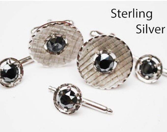 Sterling Hematite Cuff links - three Tuxedo Button Slide - Silver black - wedding groom