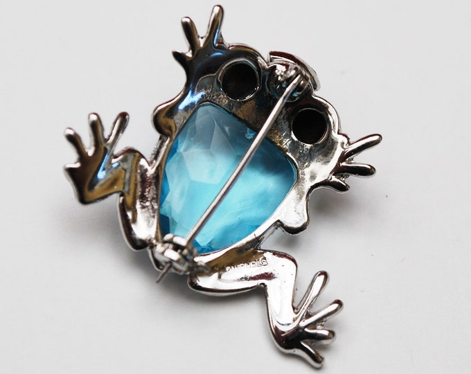 Sterling Blue Glass Frog Brooch - Silver - Crystal figurine pin