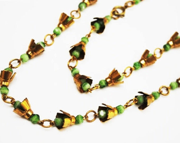 Bead Necklace - Brass Green glass - Art Deco - Boho -Peking Glass beads