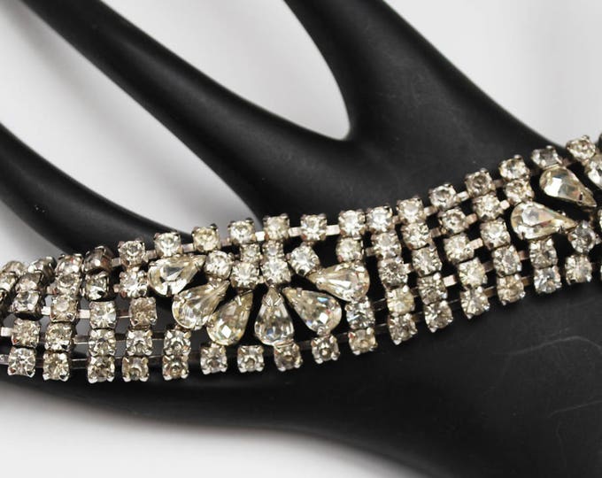 Dorians Rhinestone Bracelet - wide mid five row clear stones - silver setting - Mid Century 1958 Glamour Bling