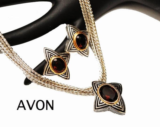 Avon Star Necklace earring set - amber brown glass - Star - silver and gold tone metal - pierced earrings