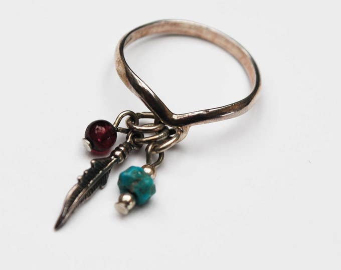 Sterling ring - Dangle Gemstone beads - Signed - turquoise Garnet- feather - size 6 ring -South Western - Native American