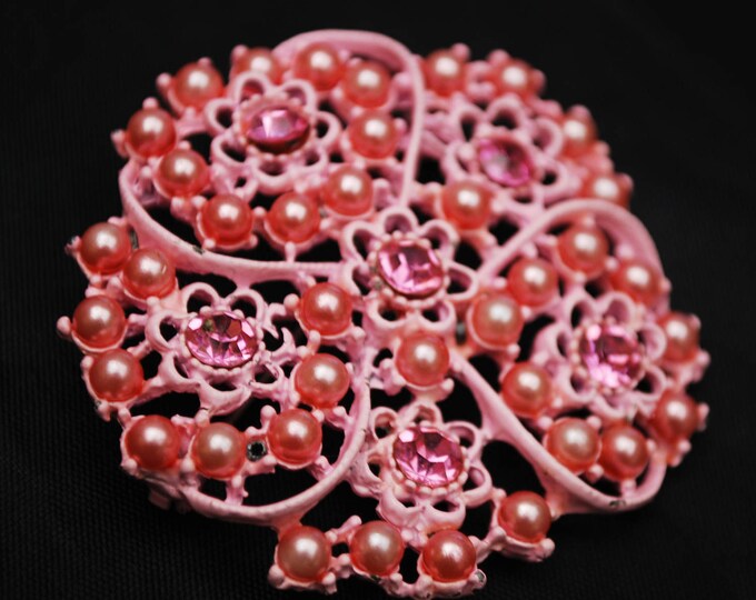 Pink Enamel Flower Brooch - Pink pearls Rhinestone - Mid century- floral pin
