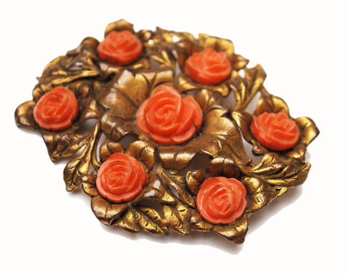 Large Coral celluloid flower Brooch - Golden Brass - leaf Floral - Art Nouveau Pin