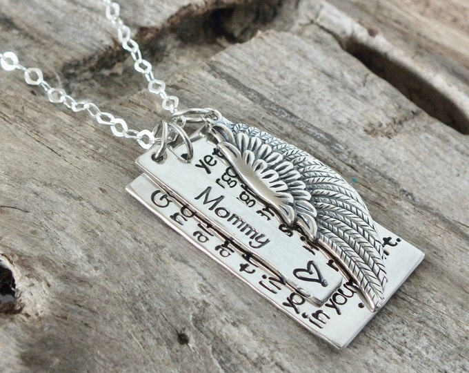 Hand Stamped Sympathy Gift Jewelry / Detailed Wing/ Gone Yet Not Forgotten / Sterling Silver Personalized Memorial Necklace