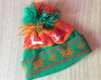 Bright Vintage Nordic Beanie, Ski Hat with PomPon