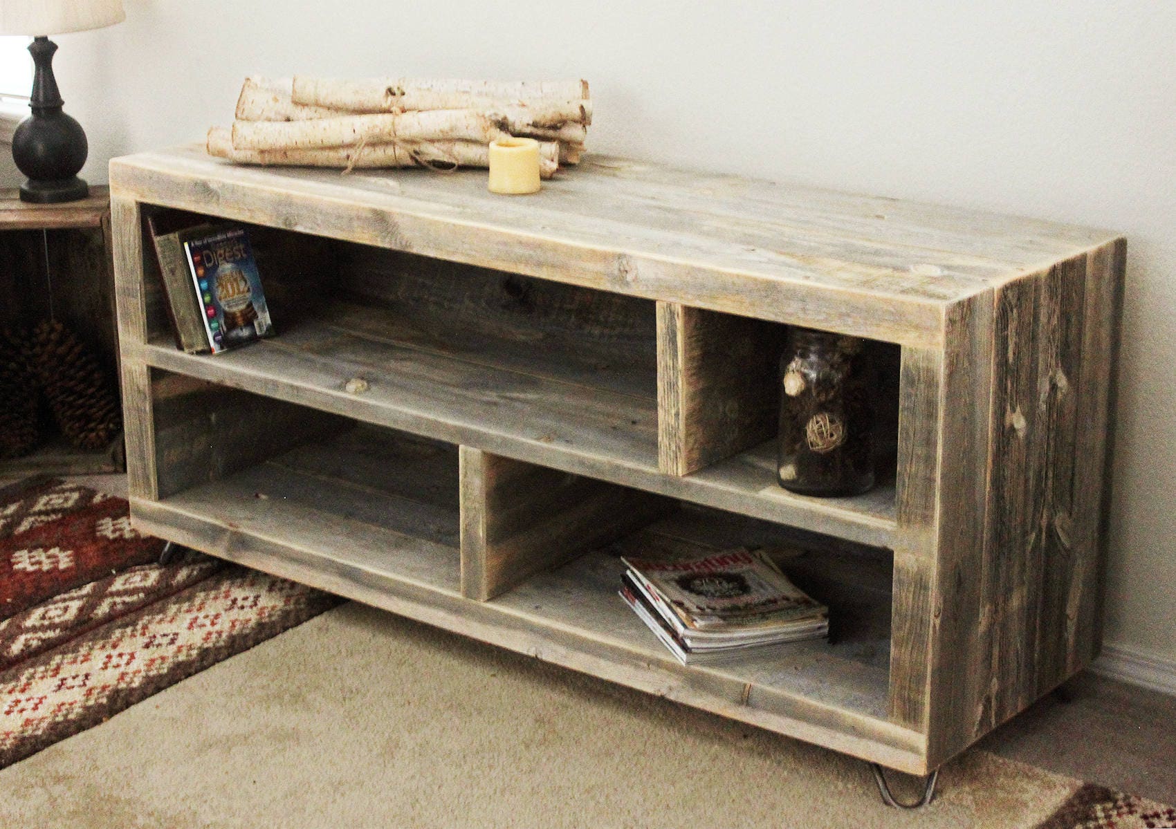Reclaimed Wood Media Console Adjustable Bookshelf Bookcase