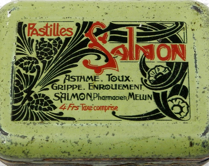 Antique French Pale Green Lithographed Art Nouveau "Pastilles Salmon" Medical Candy Metal Box, Apothecary Tin from France, Brocante Decor