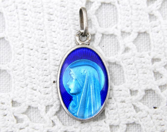 Vintage French Religious Silver Alloy Metal and Blue Glass Enamel Medal Virgin Mary from Lourdes, Religion, Christian, Catholic, Our Lady