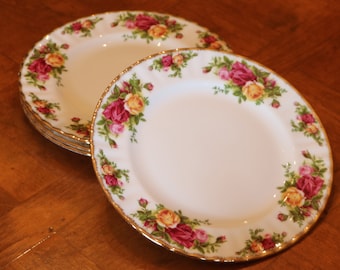 Royal Albert "Old Country Roses" Red and Yellow Rose Pattern English Fine Bone China Set of Four Salad Plates