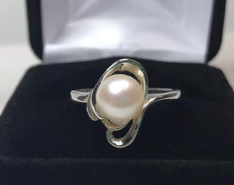 Gorgeous 7.5mm Pearl Ring Sterling Silver Size 6 7 8 9 10 11 Trending Jewelry Gifts June Mom Wife Fiance Solitaire Pearl AAA Arabesque