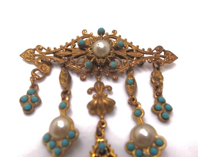 Vintage Pearl Turquoise Brooch, Filigree Dangle Pin, Victorian Revival Pin, Designer Signed