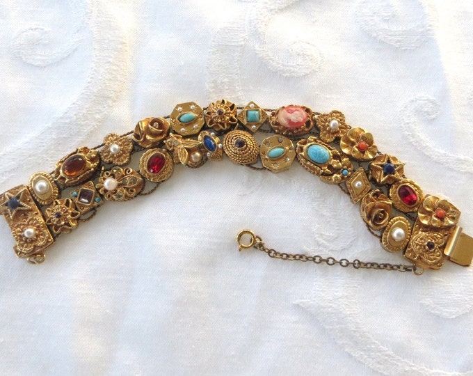 Victorian Revival Gold Tone Slide Charm Bracelet, Double Strand,Fleur de Lis, Cameo, Coral Pansy, Bugs, Carnelian and Turquoise Charms