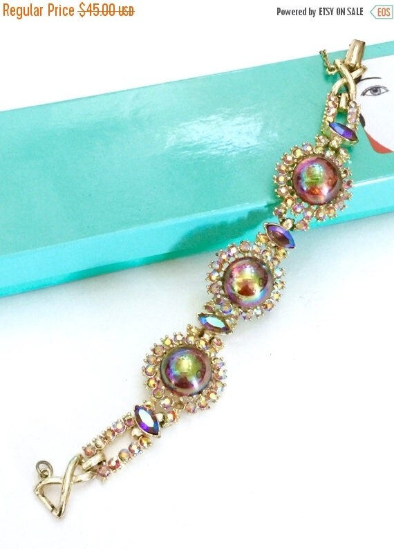 Coro Rhinestone Bracelet Iridescent Cabochons by Vintageimagine