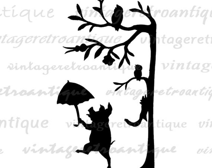 Digital Image Pig with Umbrella Birds and Squirrel Silhouette Download Printable Graphic Vintage Clip Art Jpg Png HQ 300dpi No.3301