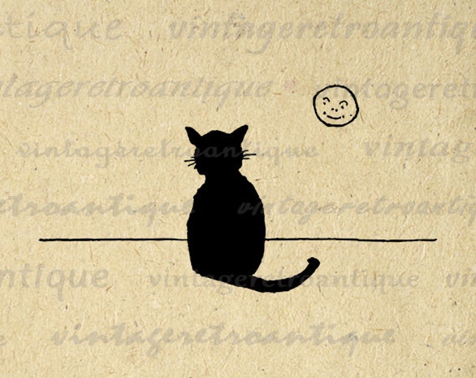Digital Printable Cat and Moon Download Kitten Illustration Graphic Image Vintage Clip Art Jpg Png Eps HQ 300dpi No.3413