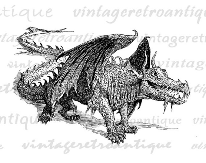 Digital Graphic Dragon Printable Illustration Download Medieval Image Vintage Clip Art Jpg Png Eps HQ 300dpi No.3795