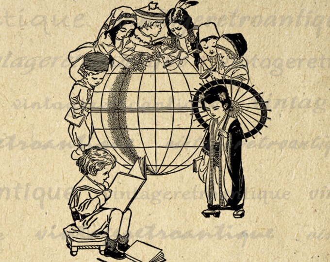 Printable Image Reading Graphic Books Digital World Globe Download Vintage Clip Art Jpg Png Eps HQ 300dpi No.3024