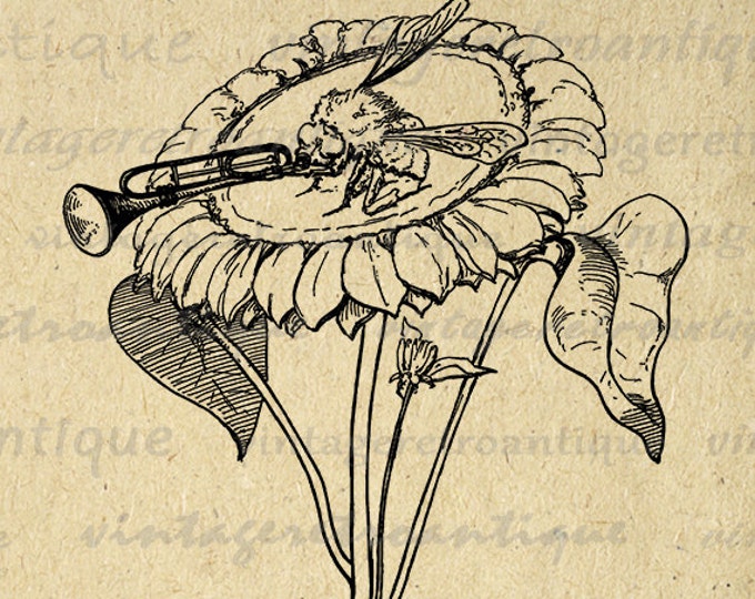 Digital Graphic Bee Playing Trumpet on Flower Download Music Illustration Printable Image Vintage Clip Art Jpg Png HQ 300dpi No.3922