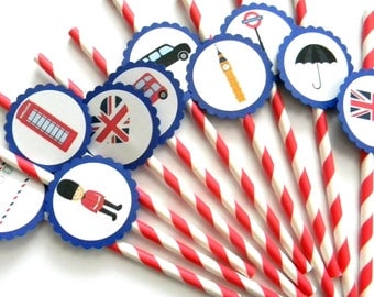 12 London Party Straws, London Birthday, England Party, British Flag, London Theme, Big Ben, First Birthday, London Party, Going Away Party