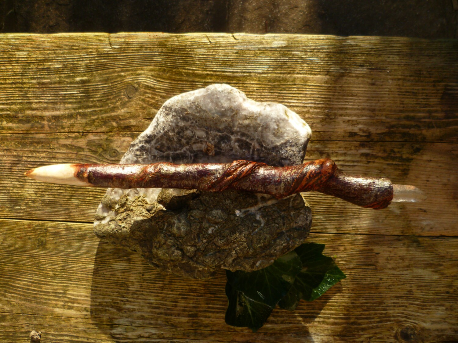 Birch wood wand with natural twist and Clear Quartz crystal