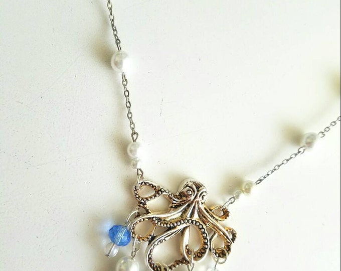 White Teal Blue Crystal Pearl Fish Octopus Necklace